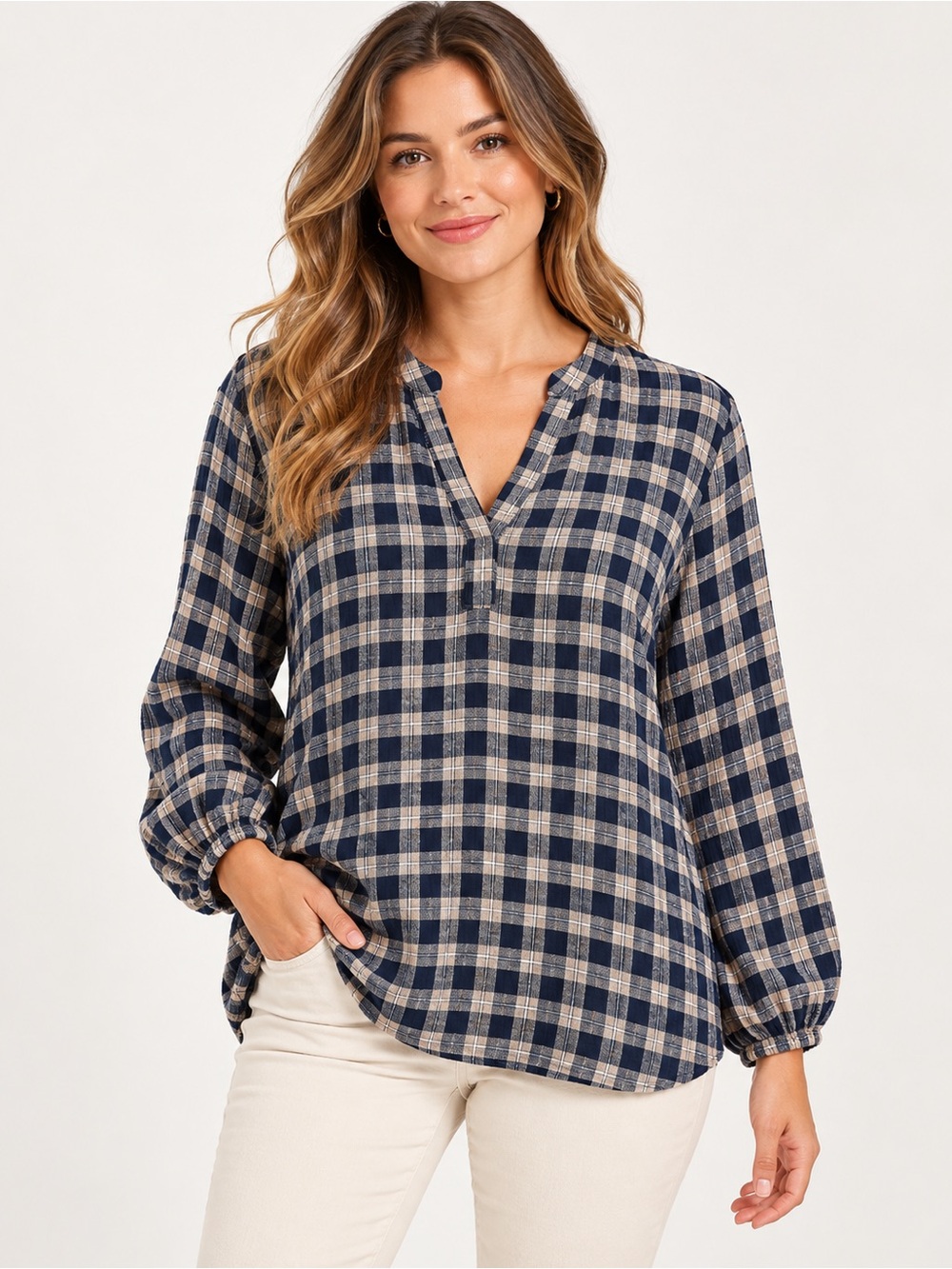 Felina Navy and Cream Plaid V-Neck Pullover Blouse